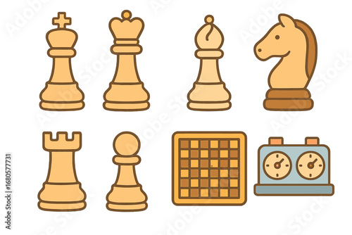 Colorful Chess Icons. Flat vector mini-illustrations chess pieces in colors children's illustrations: king, queen, bishop, knight,