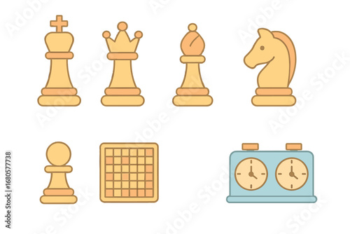 Colorful Chess Icons. Flat vector mini-illustrations chess pieces in colors children's illustrations: king, queen, bishop, knight,