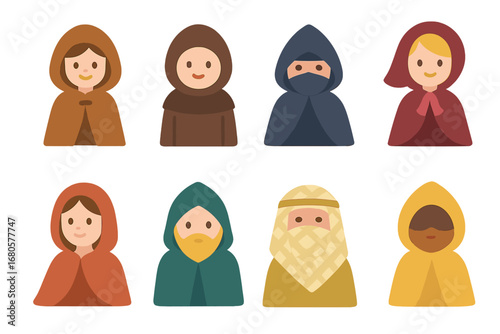 Colorful Cloak Actions. Flat vector mini-illustrations cloak actions in colors children's illustrations: putting on cloak,