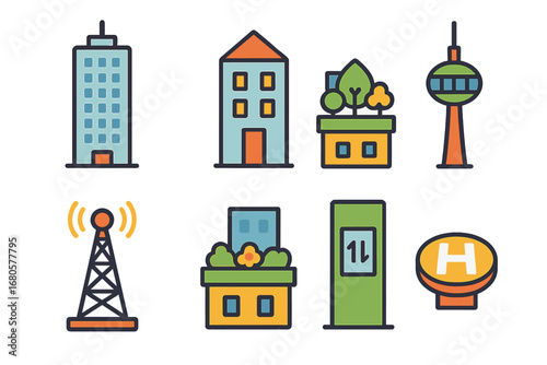 Colorful City Towers. Flat vector mini-illustrations city towers in colors children's illustrations: skyscraper, office tower,