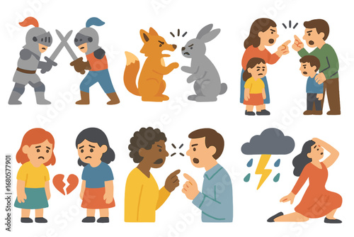 Colorful Conflict Icons. Flat vector mini-illustrations conflict in stories in colors children's illustrations: rival knights,