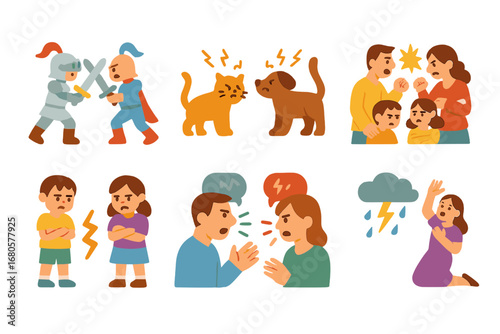 Colorful Conflict Icons. Flat vector mini-illustrations conflict in stories in colors children's illustrations: rival knights,