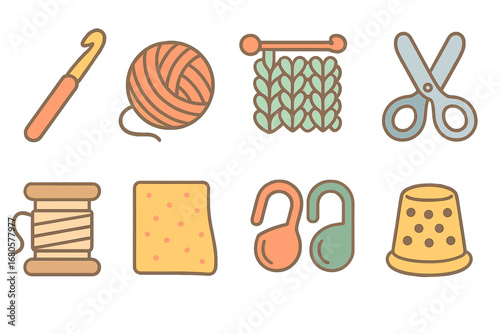 Colorful Crochet Tools. Flat vector mini-illustrations crochet needles in colors children's illustrations: crochet hook, yarn ball