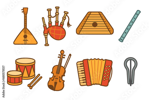 Colorful Folk Instruments. Flat vector mini-illustrations folk instruments in colors children's illustrations: balalaika, bagpipes