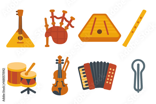 Colorful Folk Instruments. Flat vector mini-illustrations folk instruments in colors children's illustrations: balalaika, bagpipes