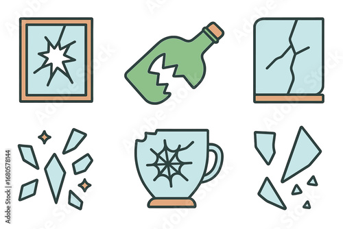 Colorful Glass Breaks. Flat vector mini-illustrations breaking glass in colors children's illustrations: shattered window, broken