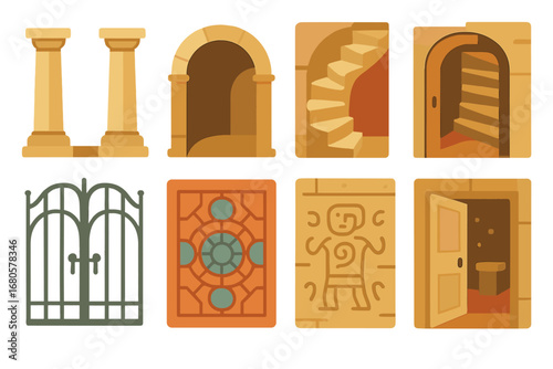 Colorful Labyrinth Icons. Flat vector mini-illustrations labyrinth architecture in colors children's illustrations: stone pillars,