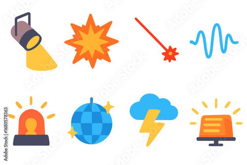 Colorful Light and Sound Icons. Flat vector mini-illustrations intense light and sound in colors children's illustrations: