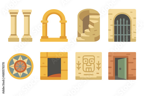 Colorful Labyrinth Icons. Flat vector mini-illustrations labyrinth architecture in colors children's illustrations: stone pillars,
