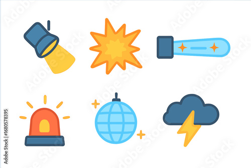 Colorful Light and Sound Icons. Flat vector mini-illustrations intense light and sound in colors children's illustrations: