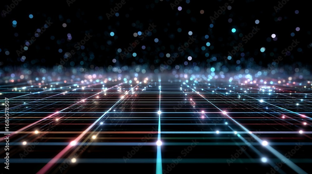 Fototapeta premium Futuristic Grid with Glowing Particles and Digital Depth in Virtual Space