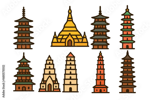 Colorful Pagodas Grid. Flat vector mini-illustrations famous pagodas in colors children's illustrations: To-ji Pagoda, Shwedagon
