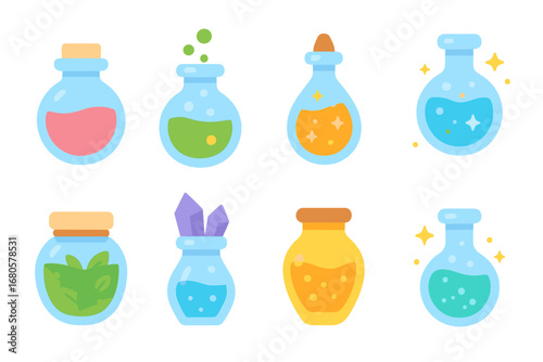 Colorful Potion Icons. Flat vector mini-illustrations potion in colors children's illustrations: potion bottle, bubbling flask,