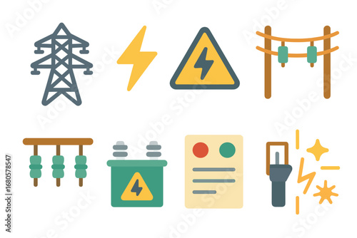 Colorful Power Icons. Flat vector mini-illustrations power tower in colors children's illustrations: electrical transmission tower