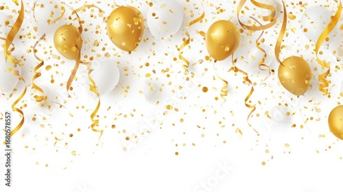 Gold and white balloons and confetti on white background. Festive celebration