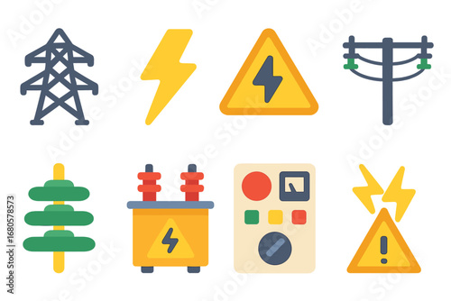 Colorful Power Icons. Flat vector mini-illustrations power tower in colors children's illustrations: electrical transmission tower