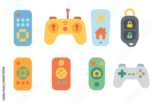 Colorful Remote Controls. Flat vector mini-illustrations remote control devices in colors children's illustrations: TV remote,