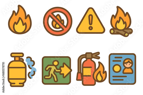 Colorful Safety Symbols. Flat vector mini-illustrations ignition safety signs in colors children's illustrations: flammable