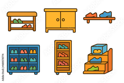 Colorful Shoe Storage Icons. Flat vector mini-illustrations shoe storage furniture in colors children's illustrations: shoe bench,