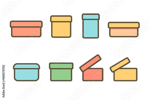Colorful Shoebox Icons. Flat vector mini-illustrations shoebox shapes in colors children's illustrations: rectangular box, square