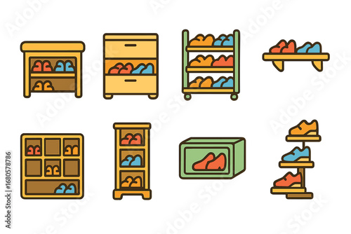Colorful Shoe Storage Icons. Flat vector mini-illustrations shoe storage furniture in colors children's illustrations: shoe bench,