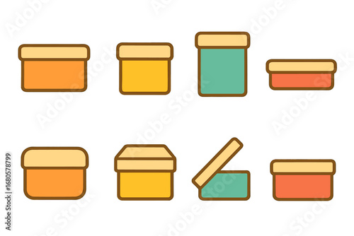 Colorful Shoebox Icons. Flat vector mini-illustrations shoebox shapes in colors children's illustrations: rectangular box, square