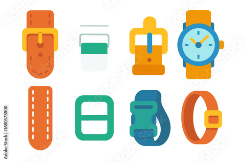 Colorful Strap Icons. Flat vector mini-illustrations watch buckles in colors children's illustrations: leather strap, metal clasp,