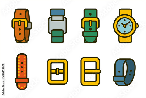 Colorful Strap Icons. Flat vector mini-illustrations watch buckles in colors children's illustrations: leather strap, metal clasp,