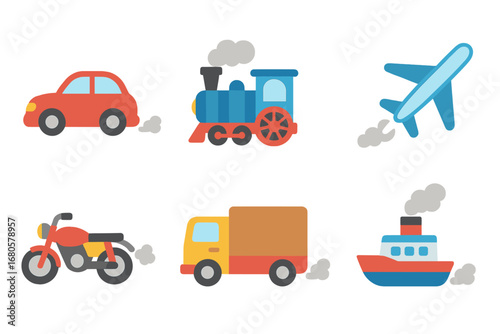 Colorful Transport Smoke. Flat vector mini-illustrations smoke from vehicles in colors children's illustrations: car exhaust smoke