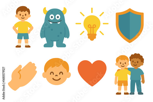 Courageous Kids Icons. Flat vector mini-illustrations fear and courage in colors children's illustrations: child standing tall,