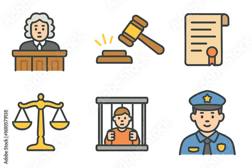 Courtroom Icons for Kids. Flat vector mini-illustrations courtroom punishments in colors children's illustrations: judge’s bench,