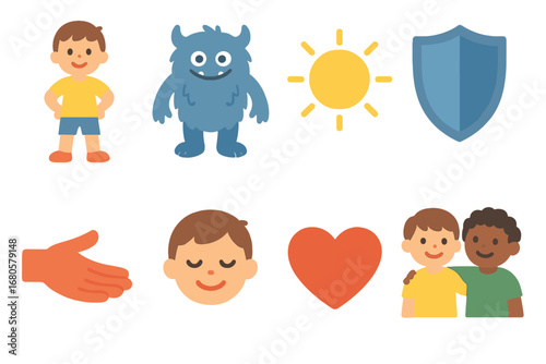 Courageous Kids Icons. Flat vector mini-illustrations fear and courage in colors children's illustrations: child standing tall,