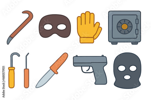 Crime Tools Icons. Flat vector mini-illustrations crime tools in colors children's illustrations: crowbar, mask, gloves, safe,