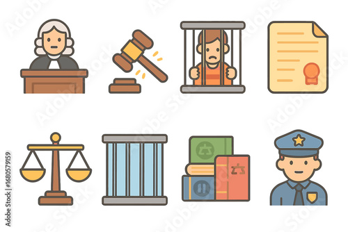 Courtroom Icons for Kids. Flat vector mini-illustrations courtroom punishments in colors children's illustrations: judge’s bench,