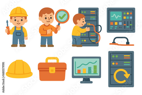 Data Tower Maintenance Icons. Flat vector mini-illustrations data tower maintenance in colors children's illustrations: technician