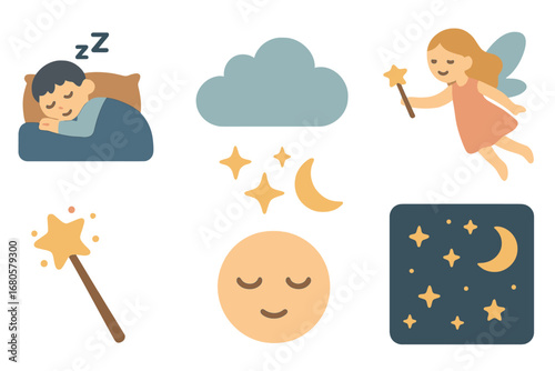 Dreamy Night Icons. Flat vector mini-illustrations darkness and dreams in colors children's illustrations: sleeping child, dream