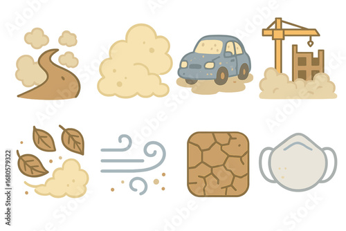 Dusty Outdoor Icons. Flat vector mini-illustrations outdoor dust in colors children's illustrations: dusty road, sand cloud, dry