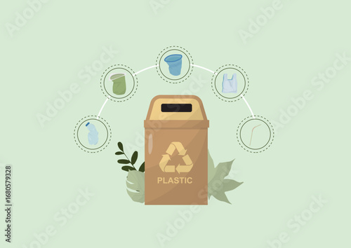Plastic Recycling Process. Different plastic waste types. Plastic waste concept. Recycling plastic. Waste management. Environmental Awareness and Sustainability. Flat style. Vector illustration