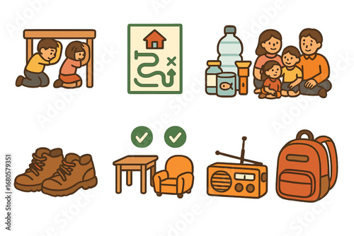 Earthquake Preparedness Icons. Flat vector mini-illustrations earthquake preparedness in colors children's illustrations: