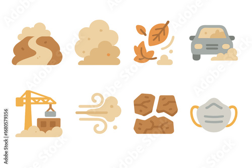 Dusty Outdoor Icons. Flat vector mini-illustrations outdoor dust in colors children's illustrations: dusty road, sand cloud, dry