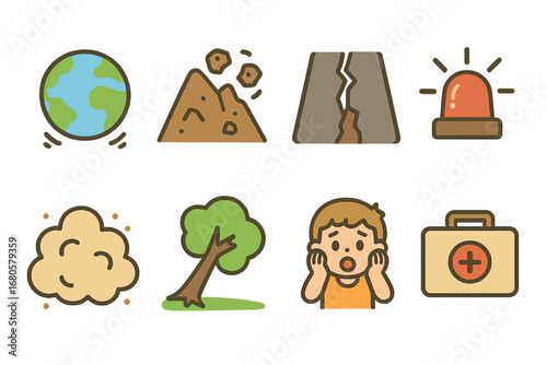 Earthquake Emergency Icons. Flat vector mini-illustrations ground shaking in colors children's illustrations: trembling earth,