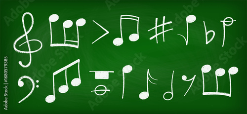 Crayon pastel or chalk music note signs doodle hand drawn symbol shapes set. Chalkboard textured musical symbols treble, bass clefs, pauses doodle collection.