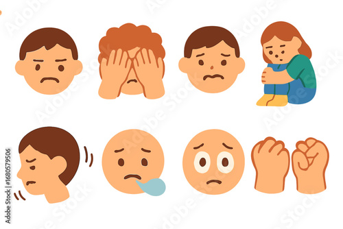 Emotional Expressions Icons. Flat vector mini-illustrations emotional pain expressions in colors children's illustrations: