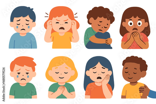 Emotional Icons Grid. Flat vector mini-illustrations crying and emotions in colors children's illustrations: sadness, frustration,