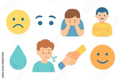 Emotions Icon Grid. Flat vector mini-illustrations isolation and mental health in colors children's illustrations: sad face,