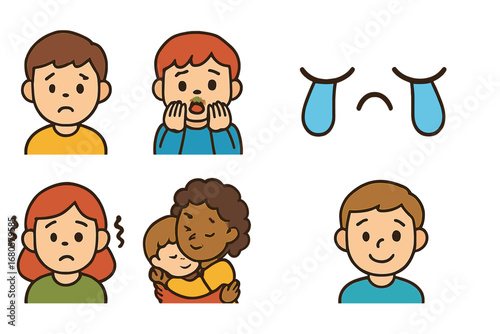 Emotions Mini-Icons Grid. Flat vector mini-illustrations wreck and emotions in colors children's illustrations: worried face,