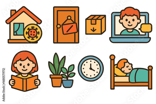 Epidemic Quarantine Icons. Flat vector mini-illustrations epidemic quarantine and isolation in colors children's illustrations:
