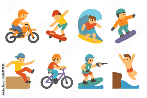 Extreme Sports Icons. Flat vector mini-illustrations thrill sports in colors children's illustrations: motocross, skateboarding,