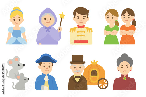 Fairy Tale Icons. Flat vector mini-illustrations fairy tale characters in colors children's illustrations: Cinderella, fairy