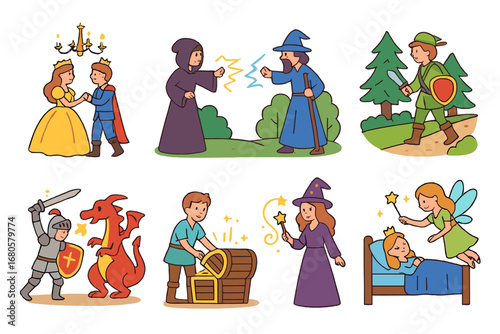 Fairy Tale Icons. Flat vector mini-illustrations fairy tale events and scenes in colors children's illustrations: royal ball,
